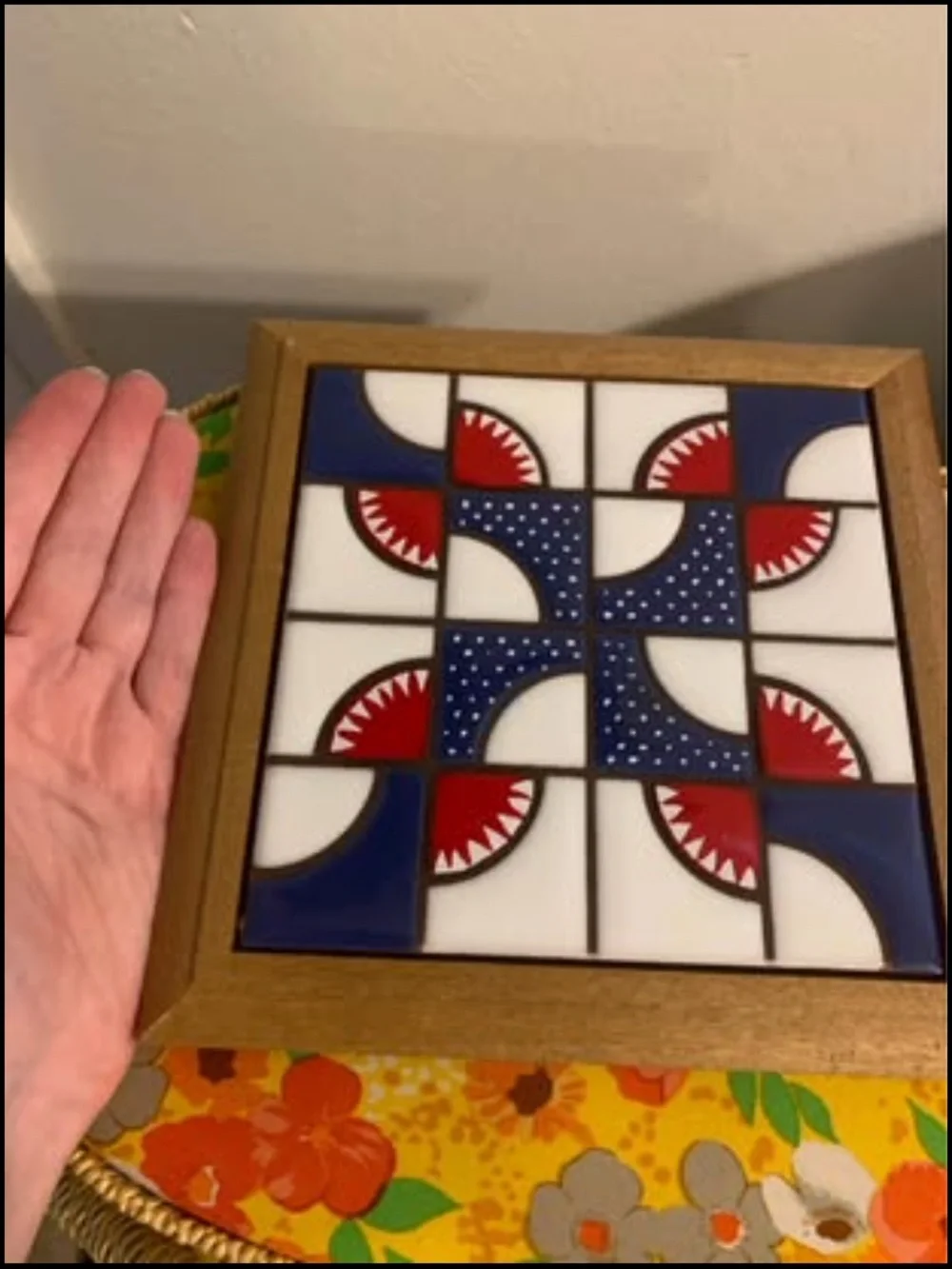 Handcrafted Navy, Red & White quilt pattern Decorative Tile Art /trivet